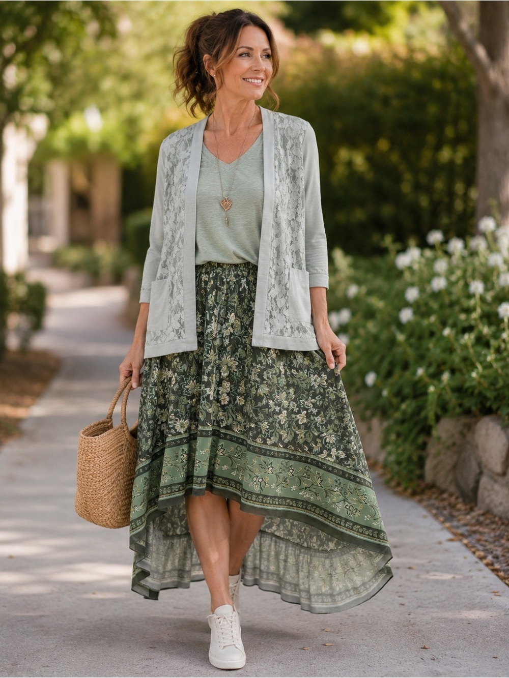 LOGO by Lori Goldstein Olive Green Floral High-Low Skirt